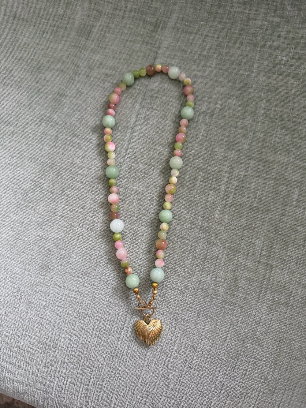 Handmade Gold Heart Pendant Beaded Necklace - Pink & Green Gemstone